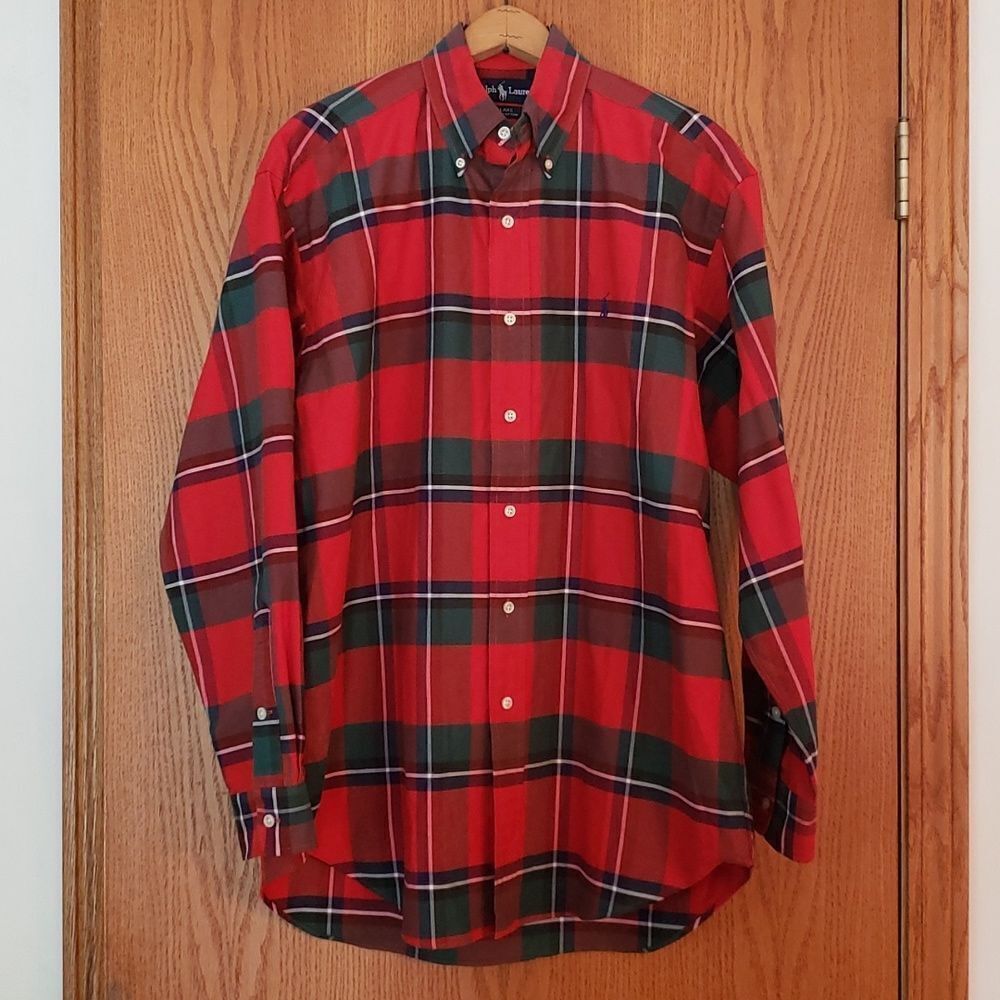 NWOT Red Green Plaid Ralph Lauren Button Down Dress Shirt Sz M
